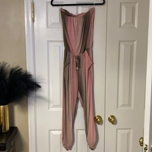 Woman’s pink and tan ombré strapless jumpsuit